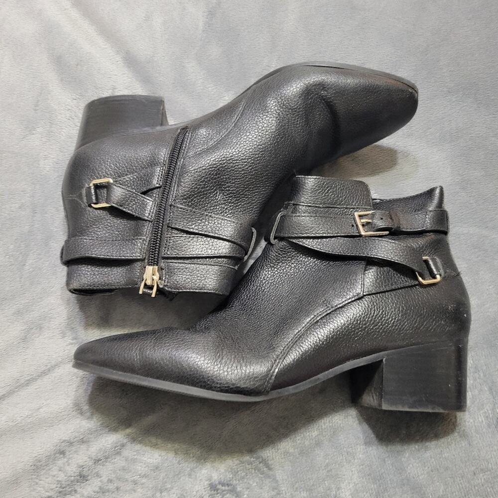 Talbots Ankle Boot Womens 9 Black Leather Comfort Heel Booties Buckle Almond Toe